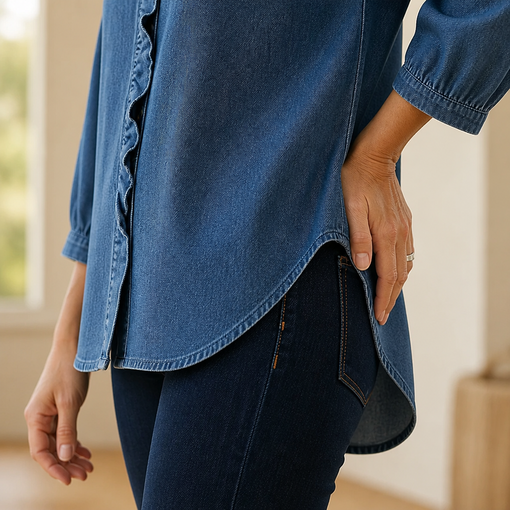 Brielle™ – Soft Chambray Ruffle V-Neck Shirt with High-Low Hem