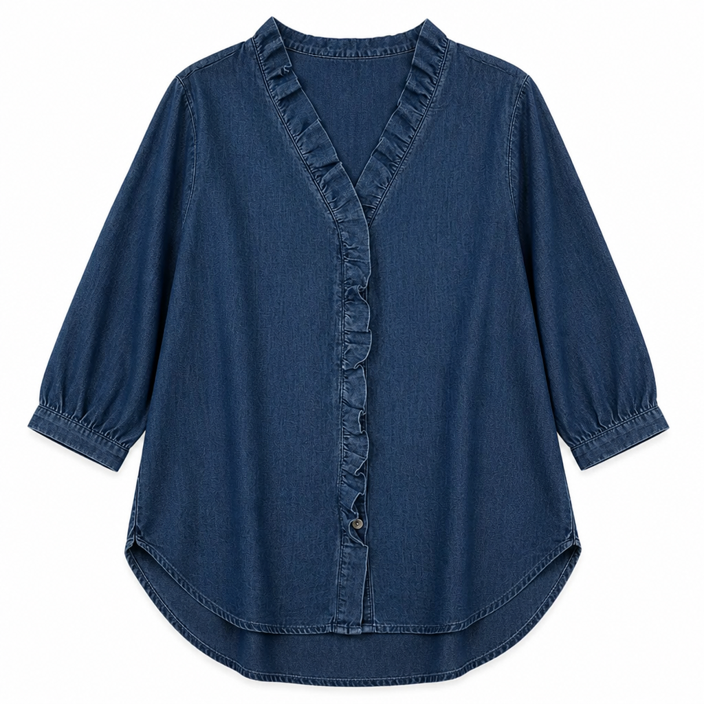 Brielle™ – Soft Chambray Ruffle V-Neck Shirt with High-Low Hem