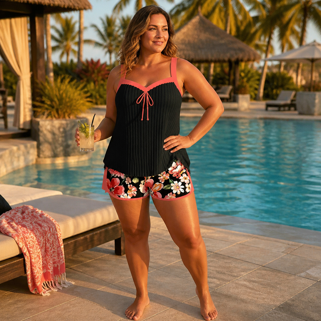 SoloraSway™ – Flowy Pleated Tankini Set with Coverage Shorts