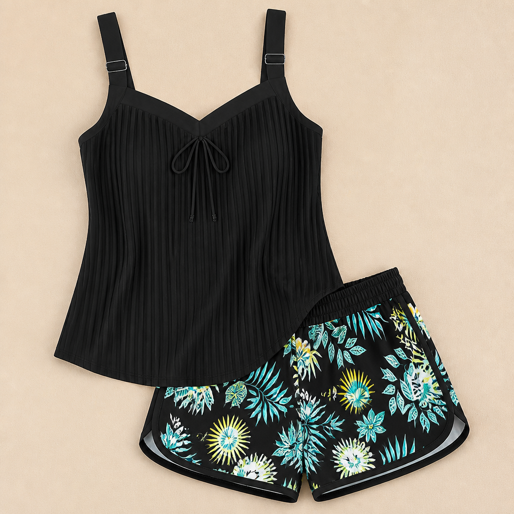 SoloraSway™ – Flowy Pleated Tankini Set with Coverage Shorts