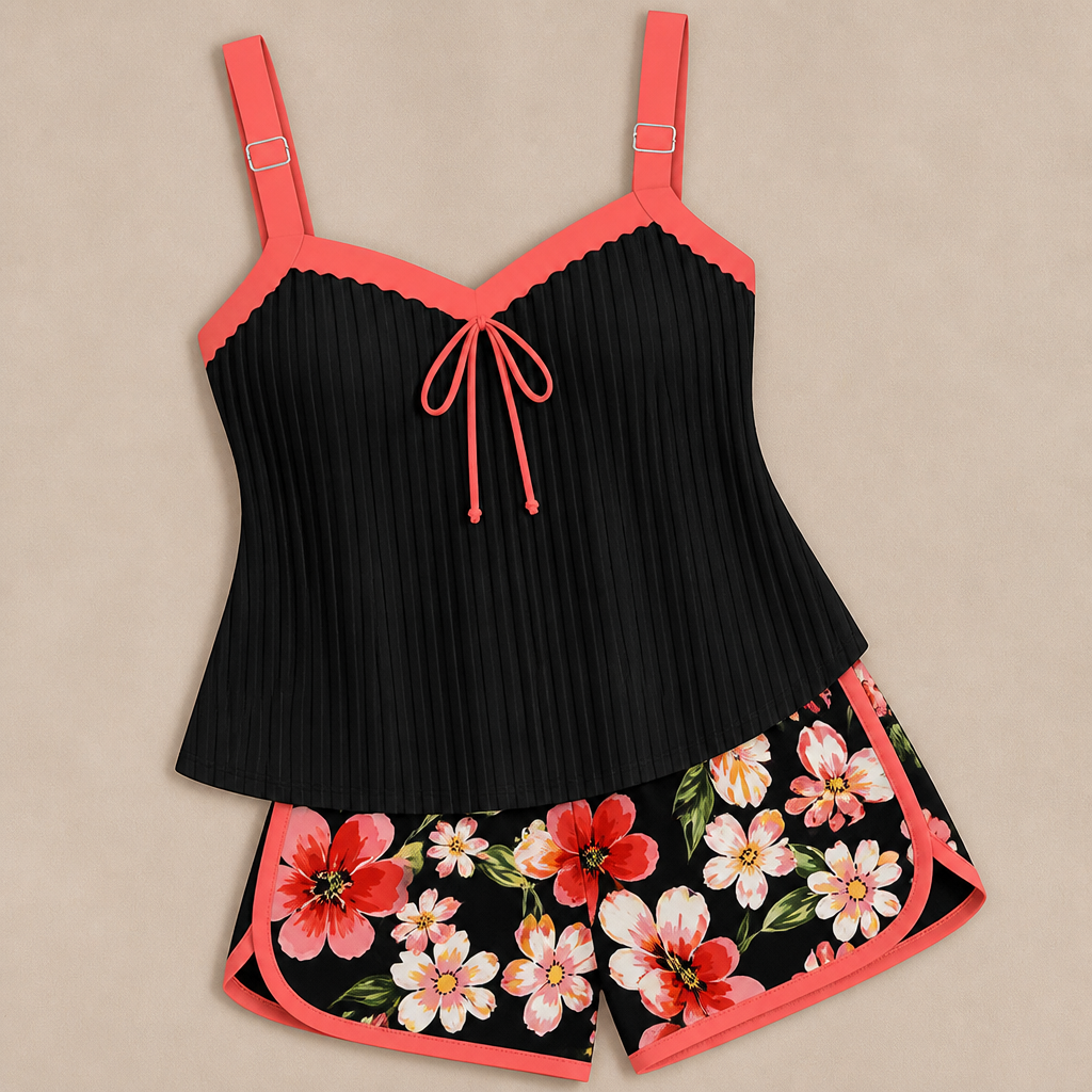 SoloraSway™ – Flowy Pleated Tankini Set with Coverage Shorts
