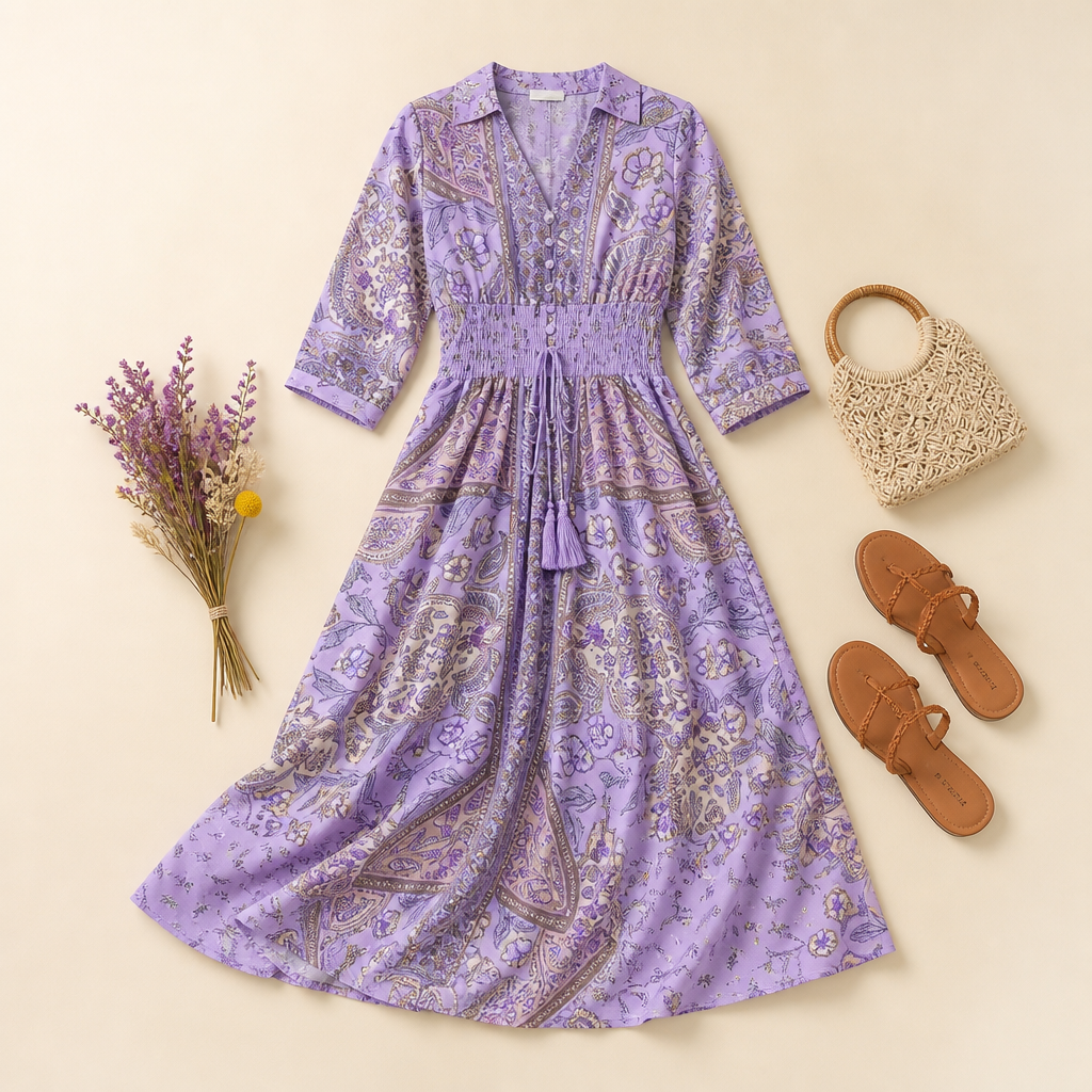 Mirella™ – Bohemian Paisley V-Neck Maxi Dress with Smocked Waist