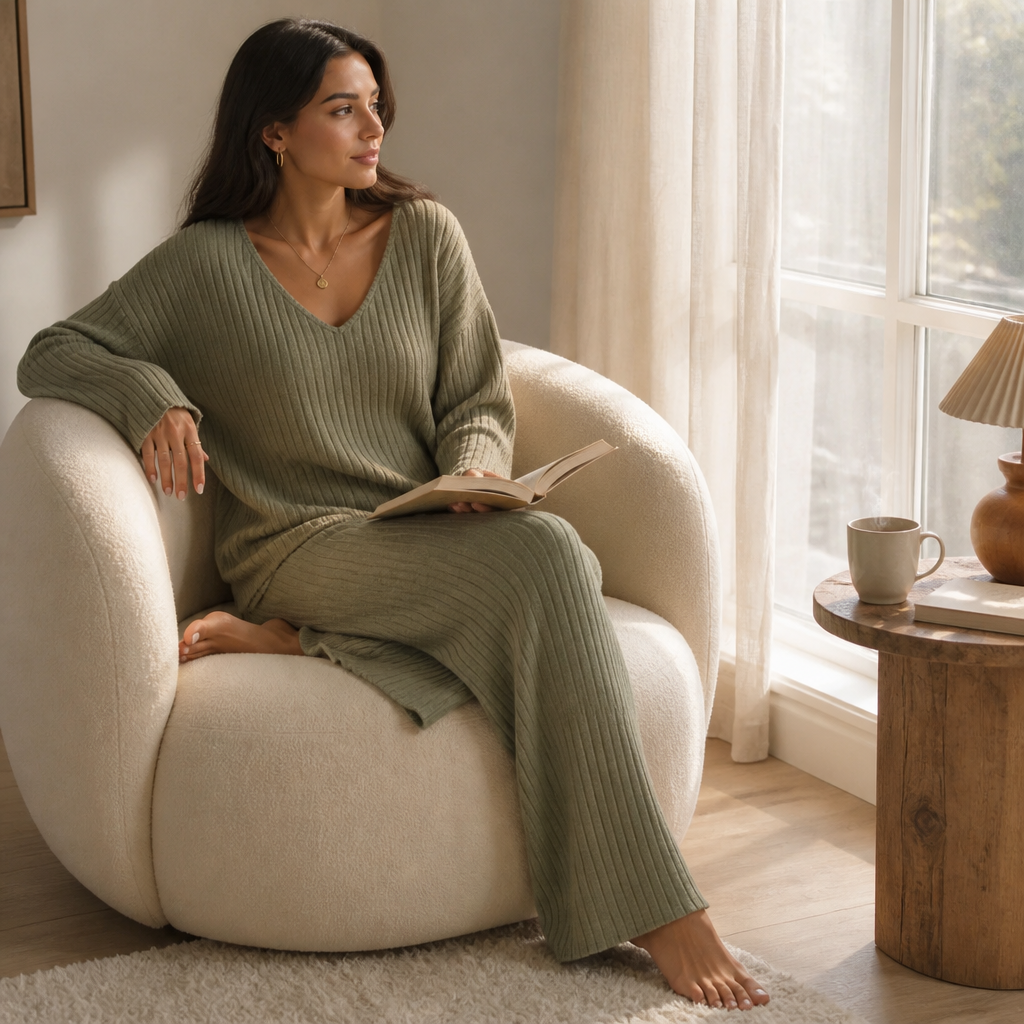 Serelis™ – Soft Ribbed V-Neck Lounge Set with Wide-Leg Pants
