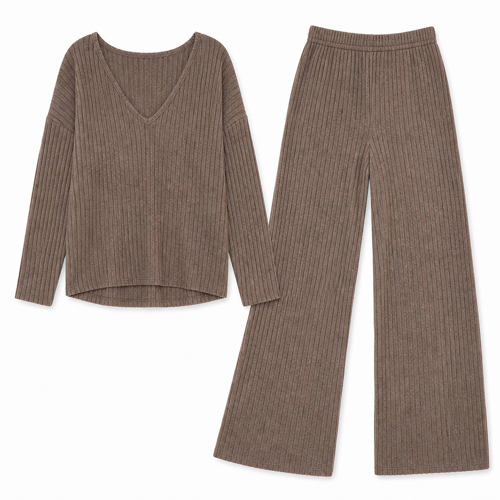 Serelis™ – Soft Ribbed V-Neck Lounge Set with Wide-Leg Pants