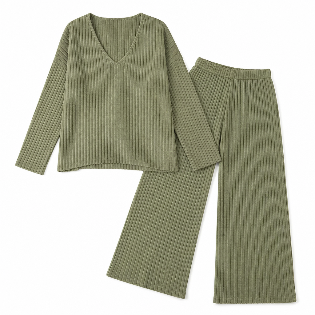 Serelis™ – Soft Ribbed V-Neck Lounge Set with Wide-Leg Pants
