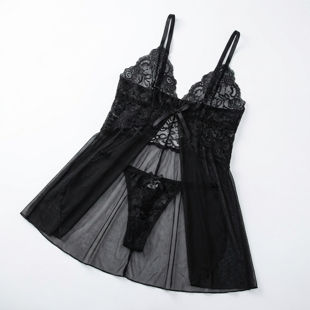 Soirée™ – Lace V-Neck Babydoll Set with Sheer Mesh Skirt