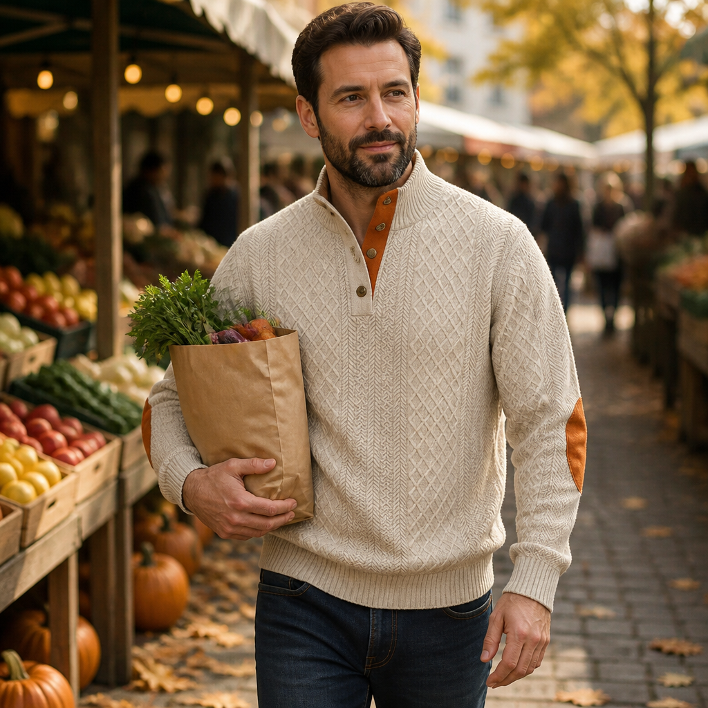 AtlasForge™ – Textured Jacquard Stand-Collar Sweater with Elbow Patches