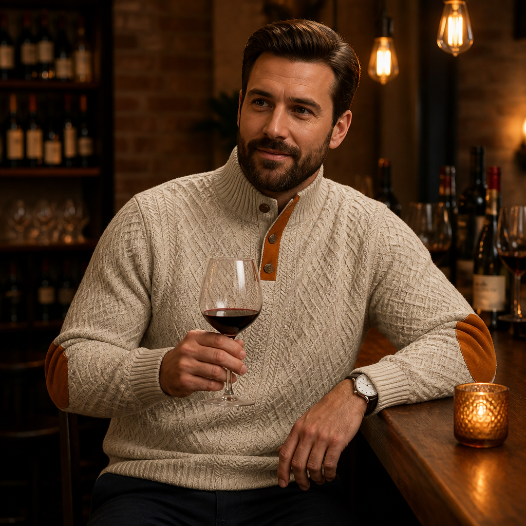 AtlasForge™ – Textured Jacquard Stand-Collar Sweater with Elbow Patches