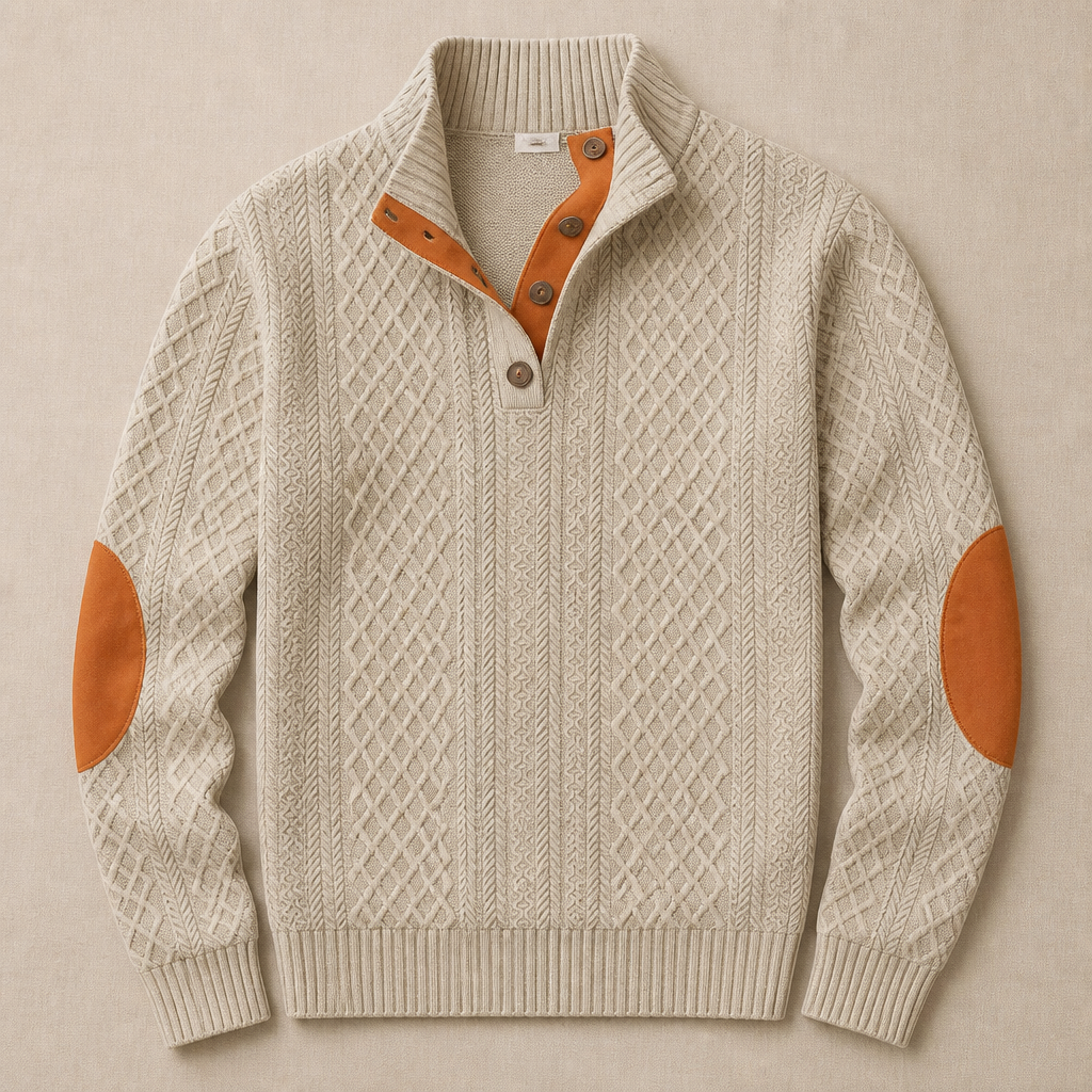 AtlasForge™ – Textured Jacquard Stand-Collar Sweater with Elbow Patches