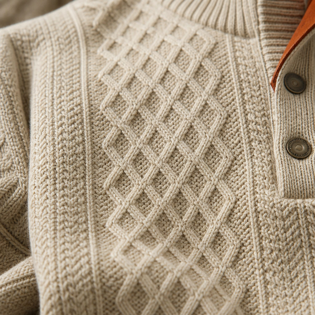 AtlasForge™ – Textured Jacquard Stand-Collar Sweater with Elbow Patches