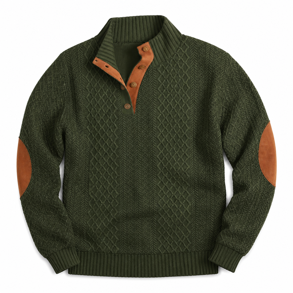 AtlasForge™ – Textured Jacquard Stand-Collar Sweater with Elbow Patches