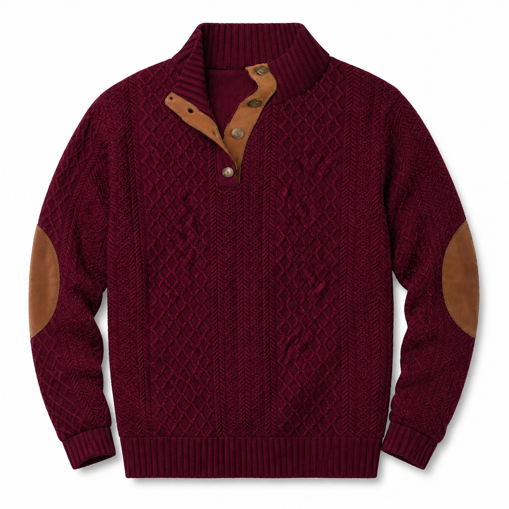 AtlasForge™ – Textured Jacquard Stand-Collar Sweater with Elbow Patches