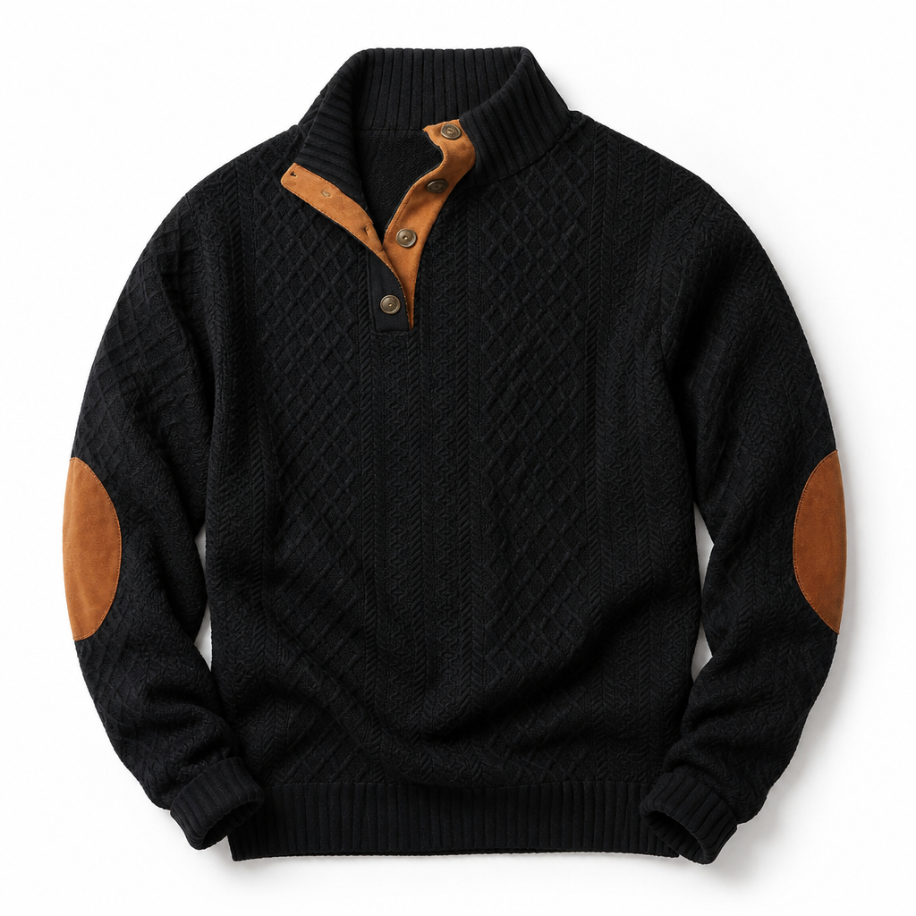 AtlasForge™ – Textured Jacquard Stand-Collar Sweater with Elbow Patches
