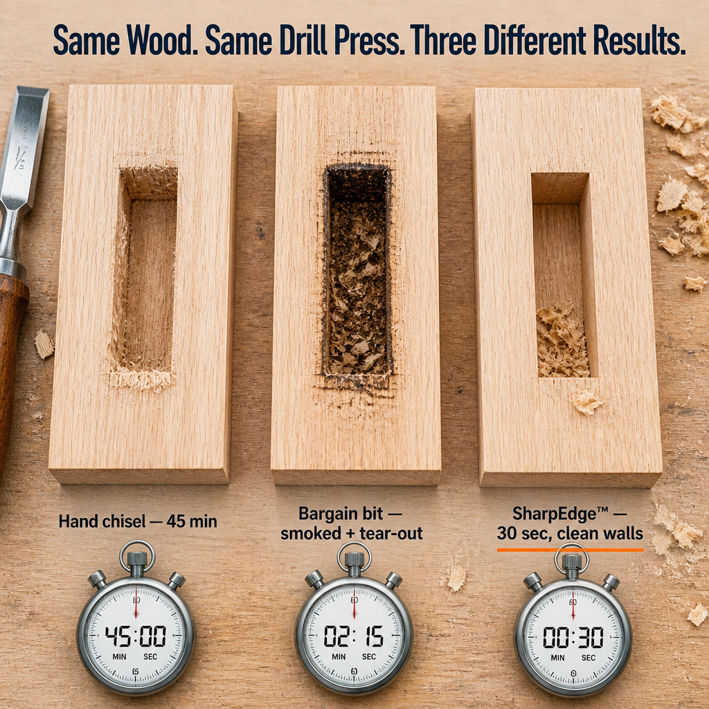 SharpEdge™ — Drill Clean Square Mortises Without Hand-Chiseling for Hours