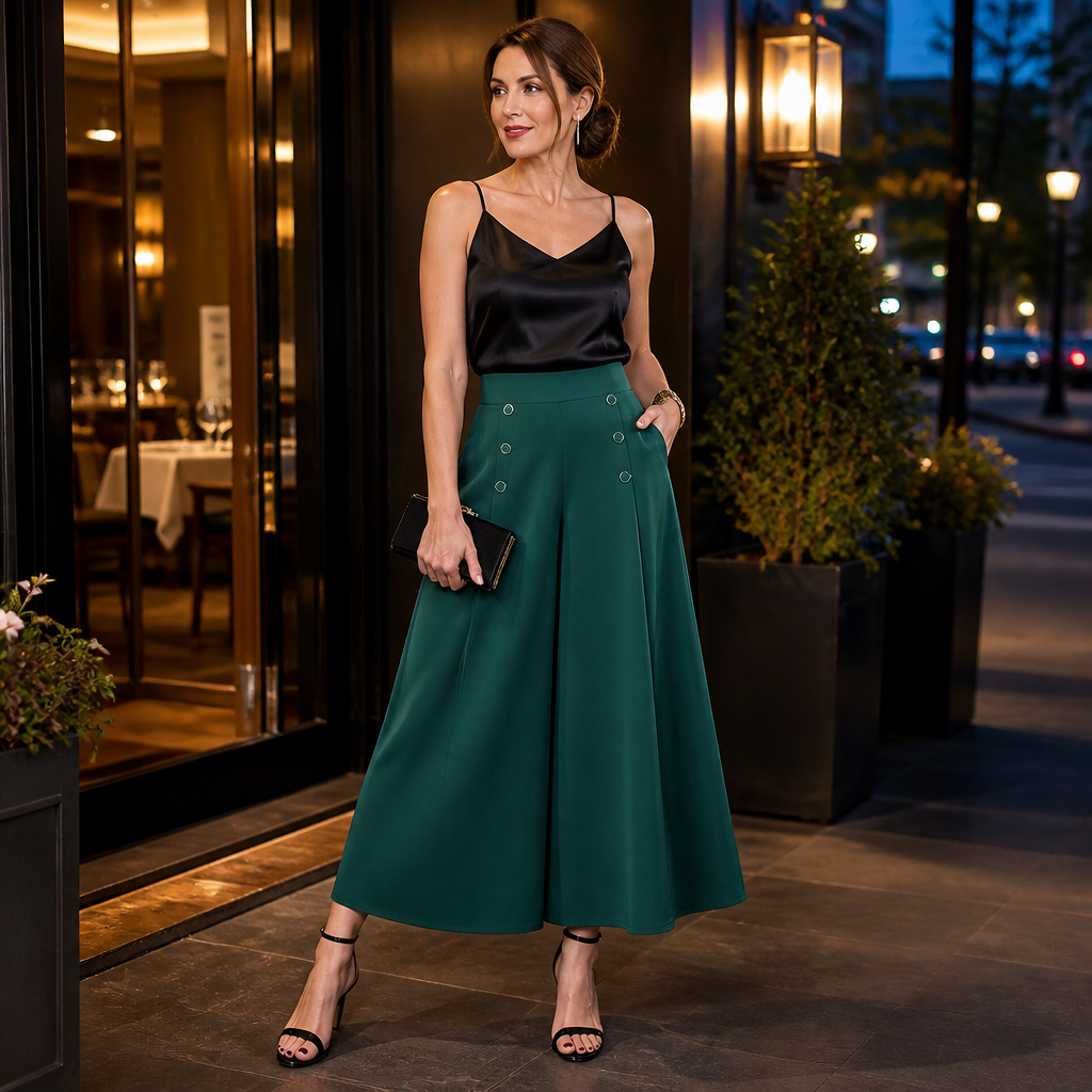 VeroLuxe™ – Flowy Pleated Wide-Leg Pants with Side Button Detail