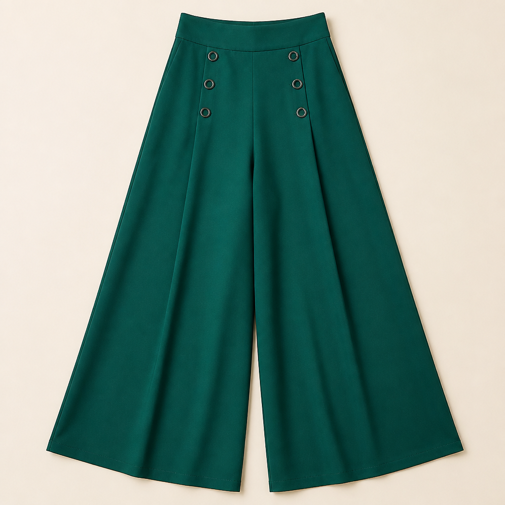 VeroLuxe™ – Flowy Pleated Wide-Leg Pants with Side Button Detail