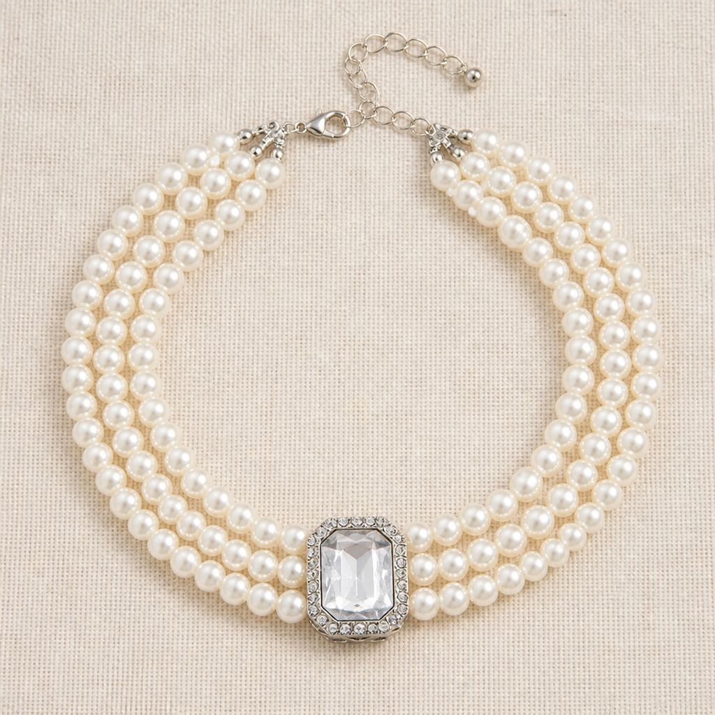 LumaVera™ – Vintage Three-Strand Pearl Choker with Crystal Centerpiece