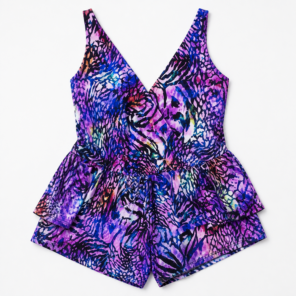 SolaraMist™ – Flowy V-Neck Swim Romper with Watercolor Print