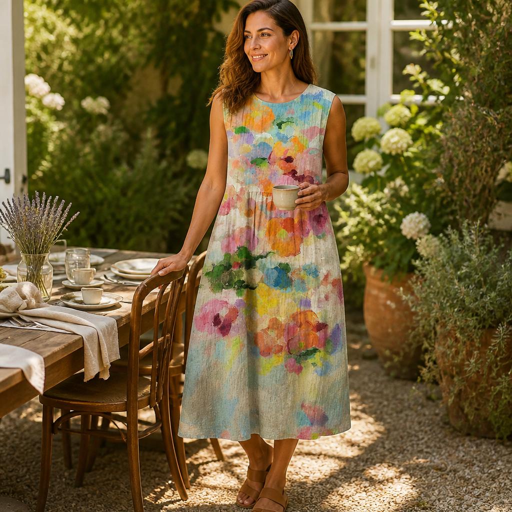 Radianta™ – Watercolor Print Sleeveless Midi Dress with Side Pockets