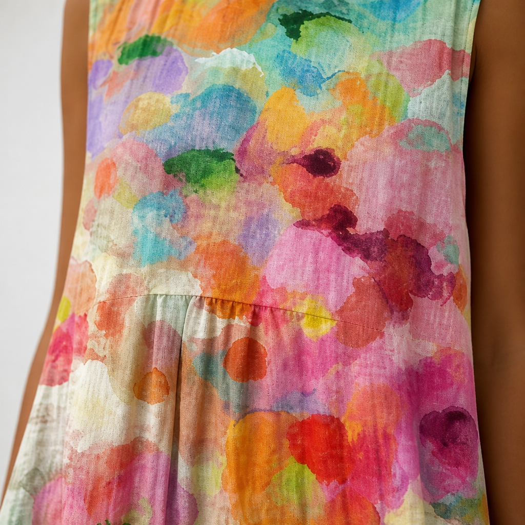Radianta™ – Watercolor Print Sleeveless Midi Dress with Side Pockets