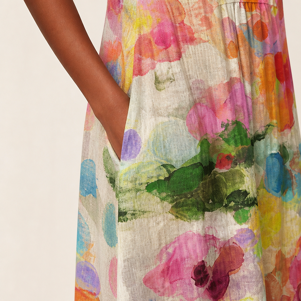 Radianta™ – Watercolor Print Sleeveless Midi Dress with Side Pockets
