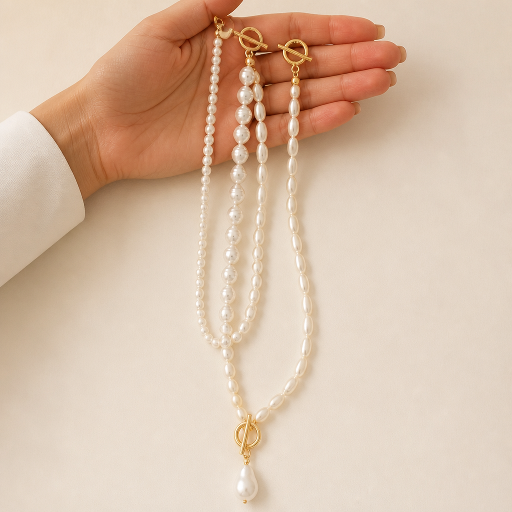 VeraLuxe™ – Three-Strand Pearl Necklace Set with Gold Toggle Clasps