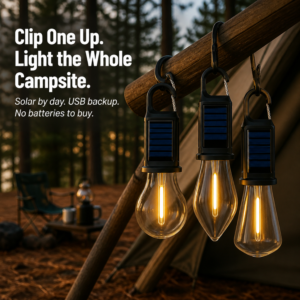 LumaVibe™ — Clip-On Solar Bulb Lights the Whole Tent All Night, No Batteries Needed