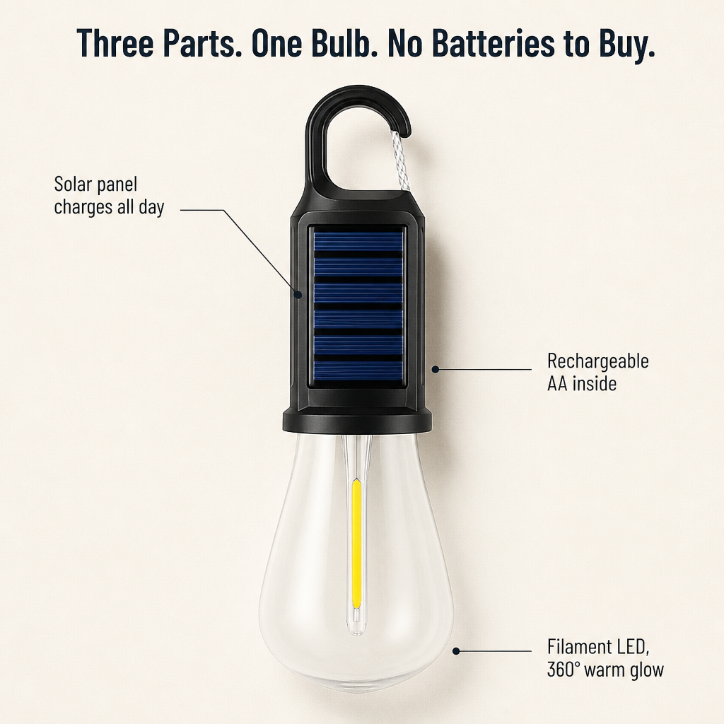 LumaVibe™ — Clip-On Solar Bulb Lights the Whole Tent All Night, No Batteries Needed