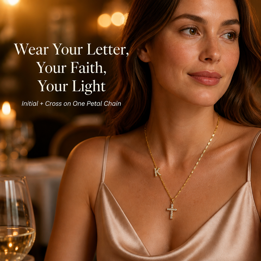 GlowAura™ — Layer Your Initial and Cross on a Light-Catching Gold Petal Chain