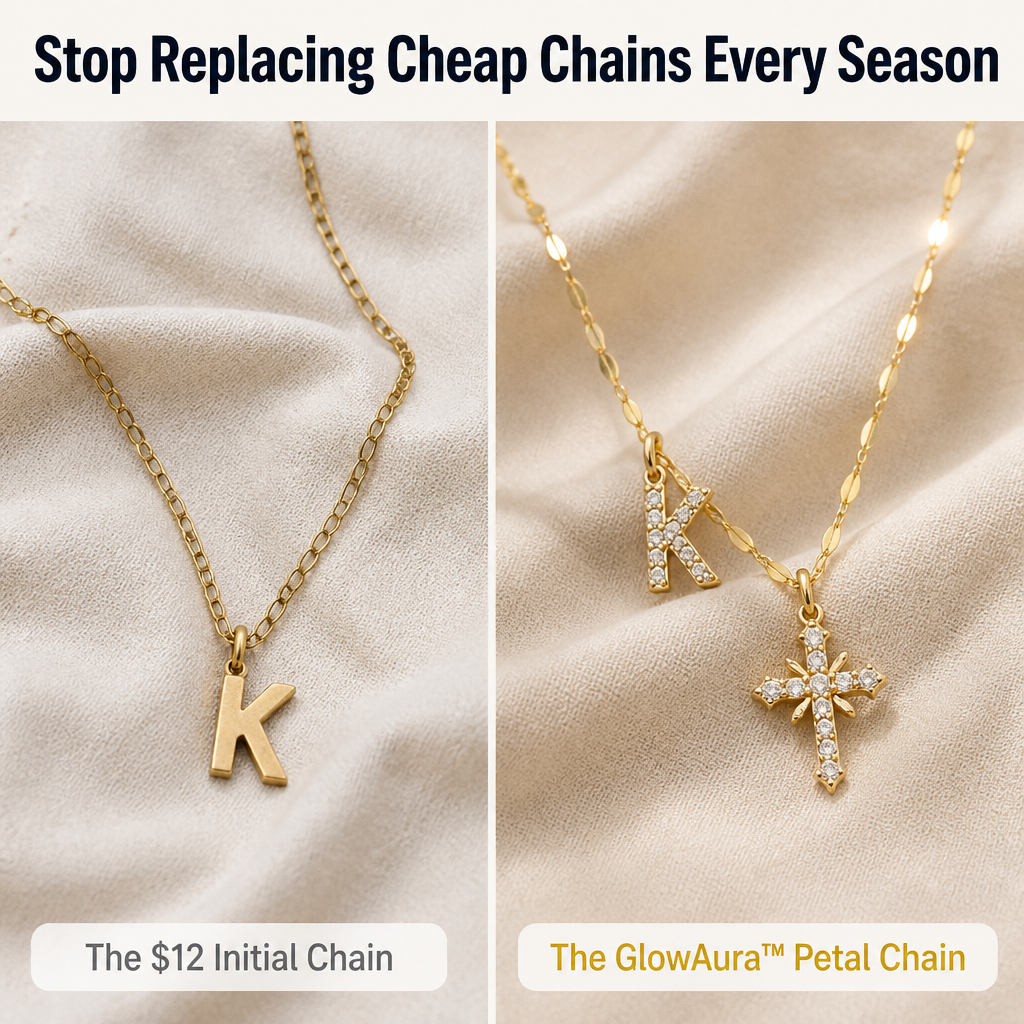 GlowAura™ — Layer Your Initial and Cross on a Light-Catching Gold Petal Chain