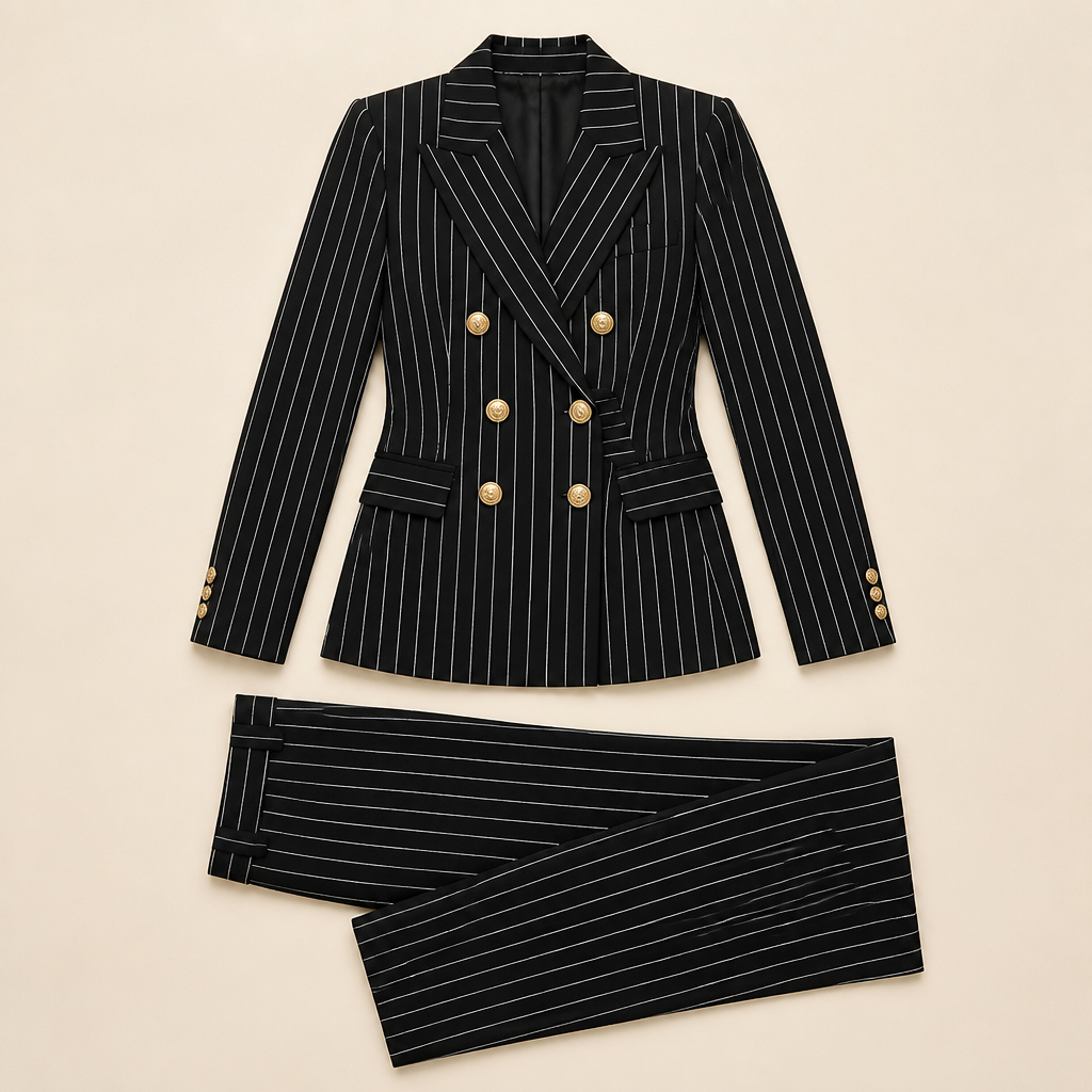 Lumiera™ – Tailored Pinstripe Double-Breasted Blazer Suit Set