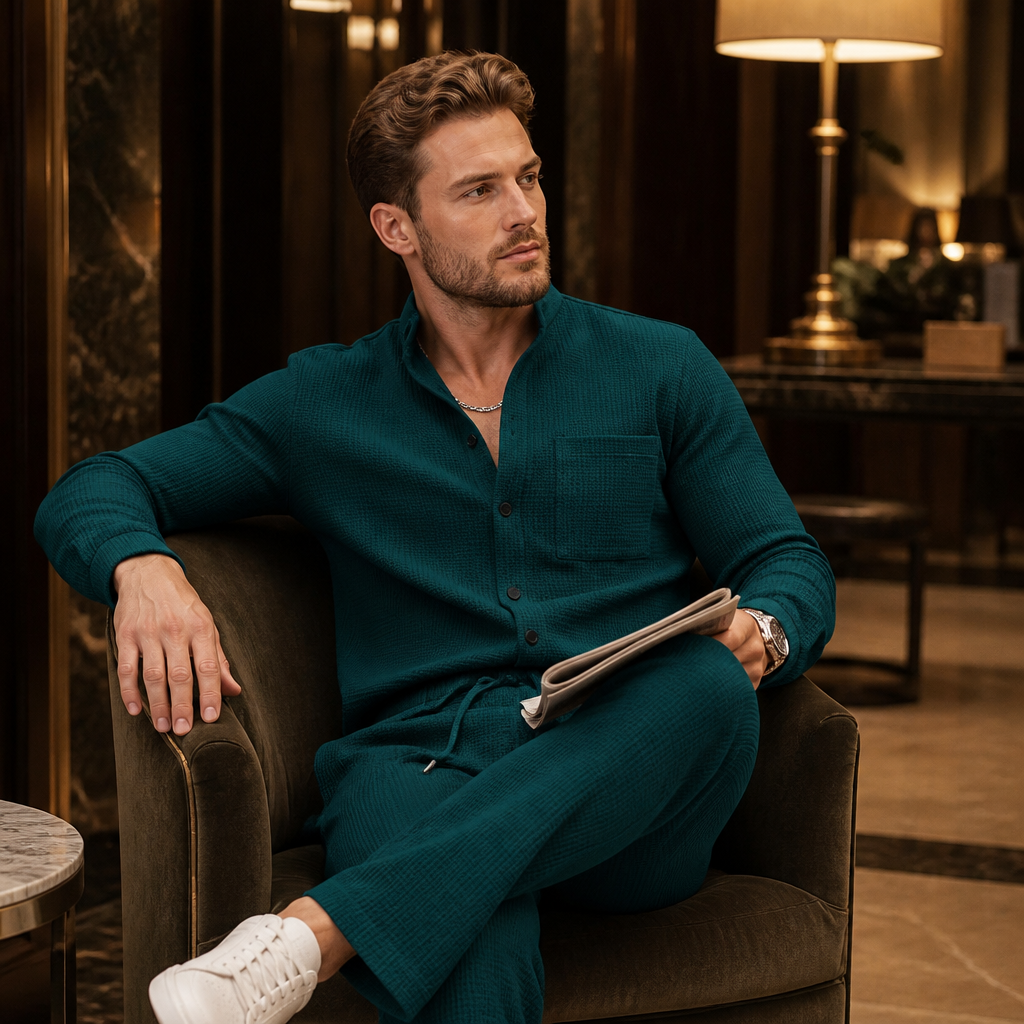 RavenaLux™ – Tailored Waffle Knit Mandarin Collar Shirt & Pants Set