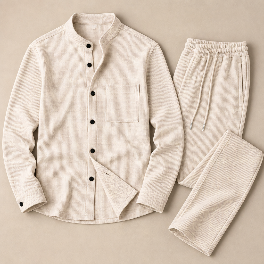 RavenaLux™ – Tailored Waffle Knit Mandarin Collar Shirt & Pants Set