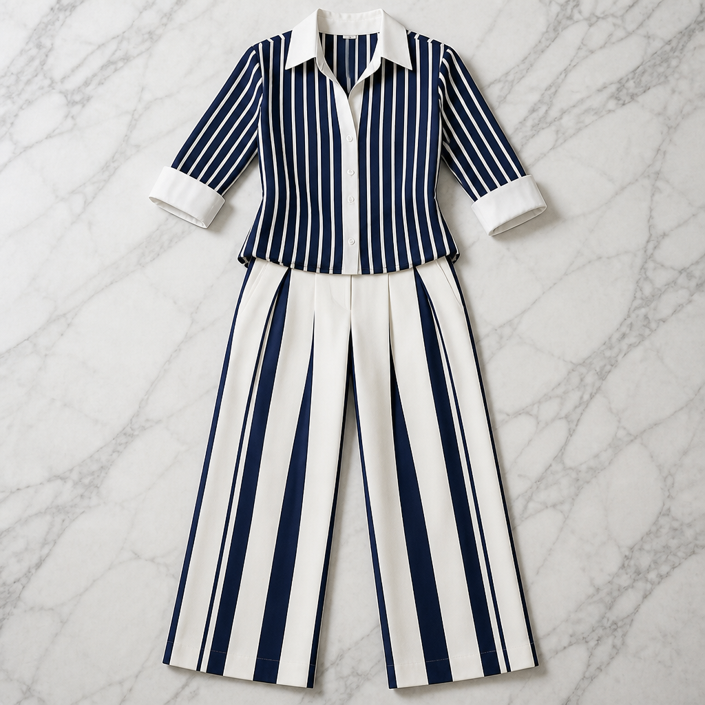 FlexiSilk™ – Chic Striped Shirt and Wide-Leg Trouser Set