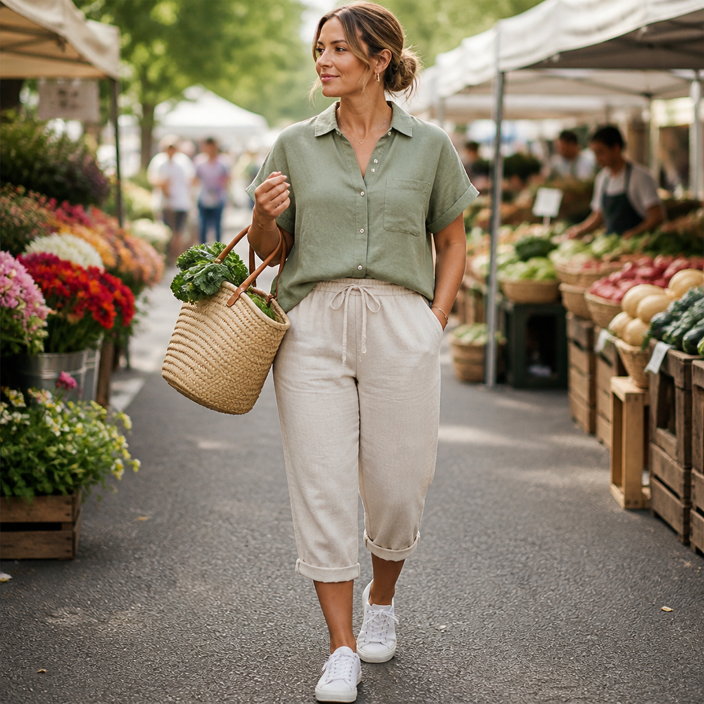SenseLuxe™ – Breathable Cotton-Linen Capri Pants with Rolled Cuffs