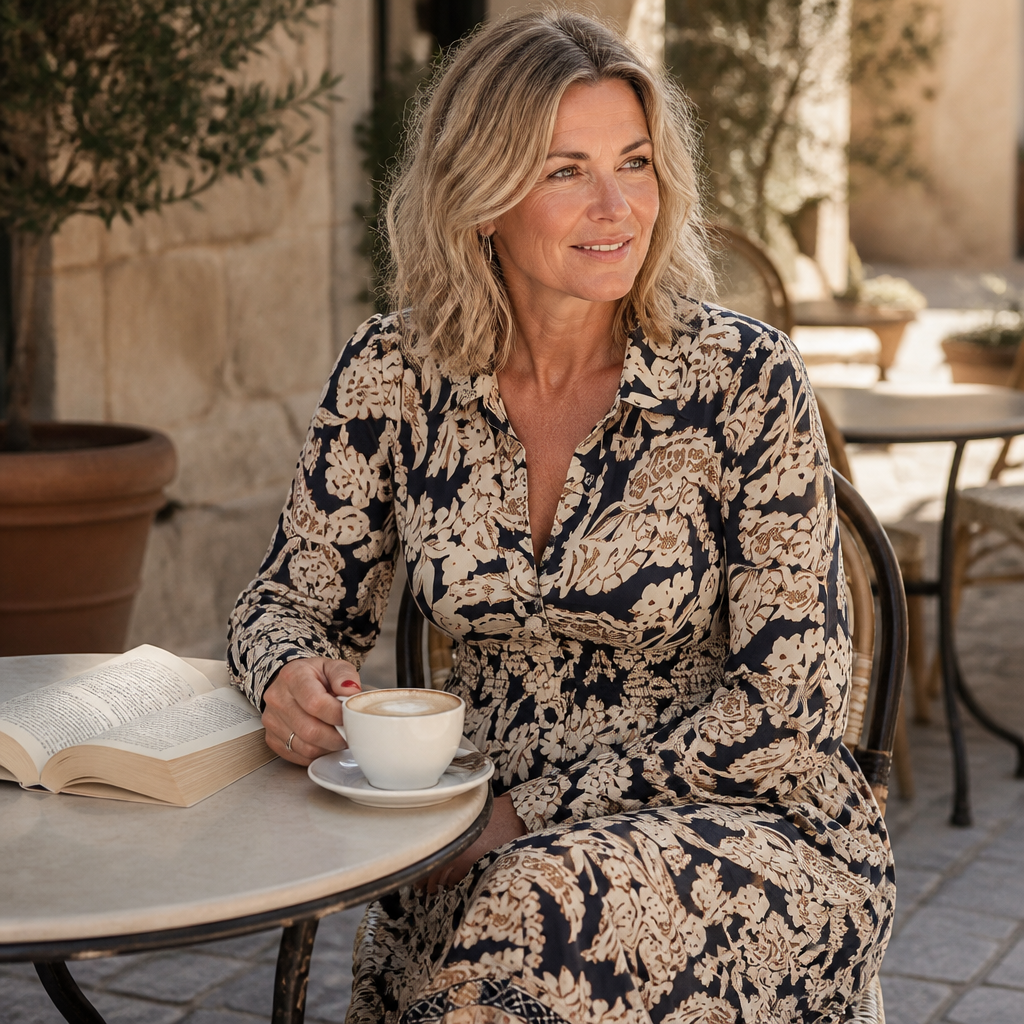BloomAura™ – Vintage Block-Print Shirt Dress with Smocked Waist