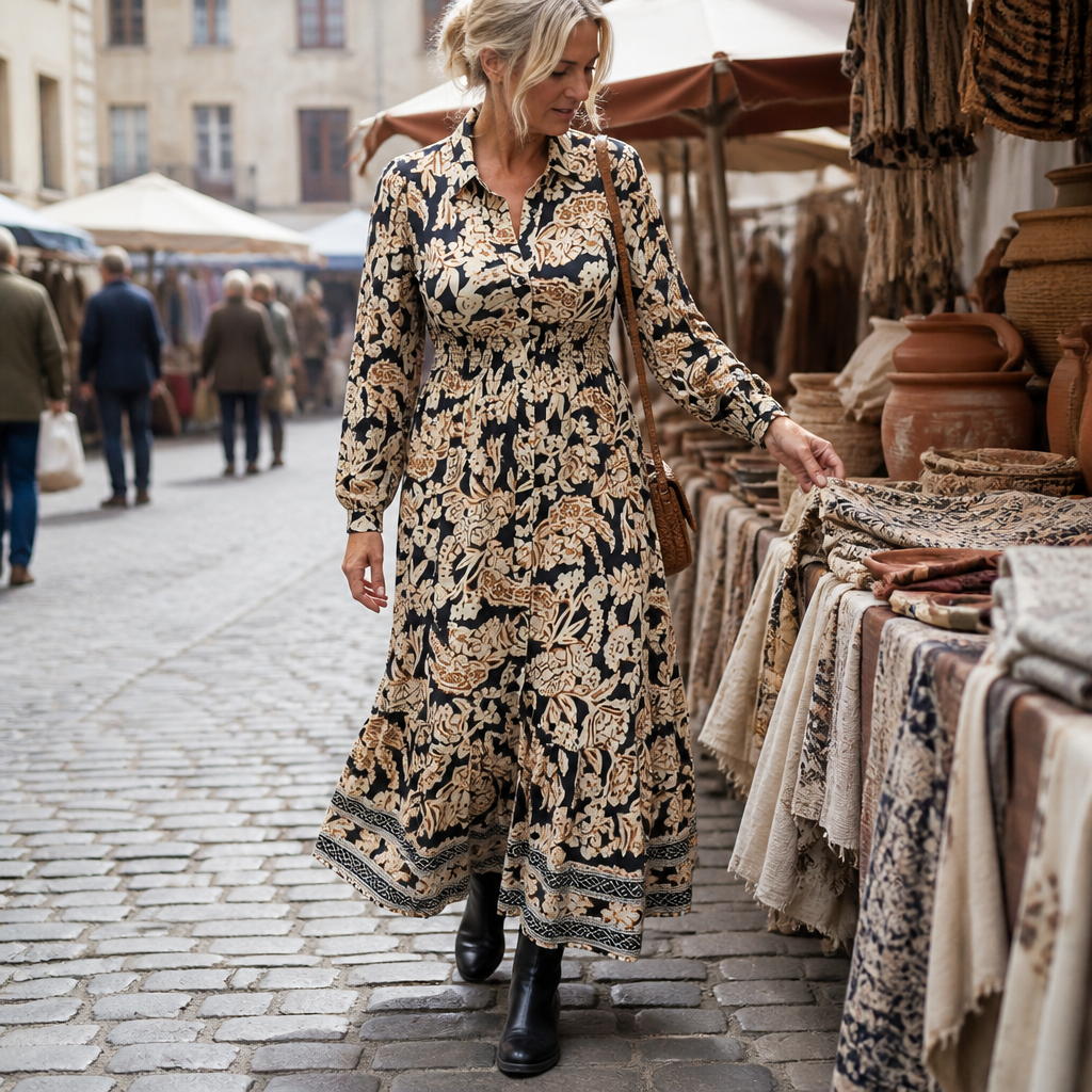BloomAura™ – Vintage Block-Print Shirt Dress with Smocked Waist