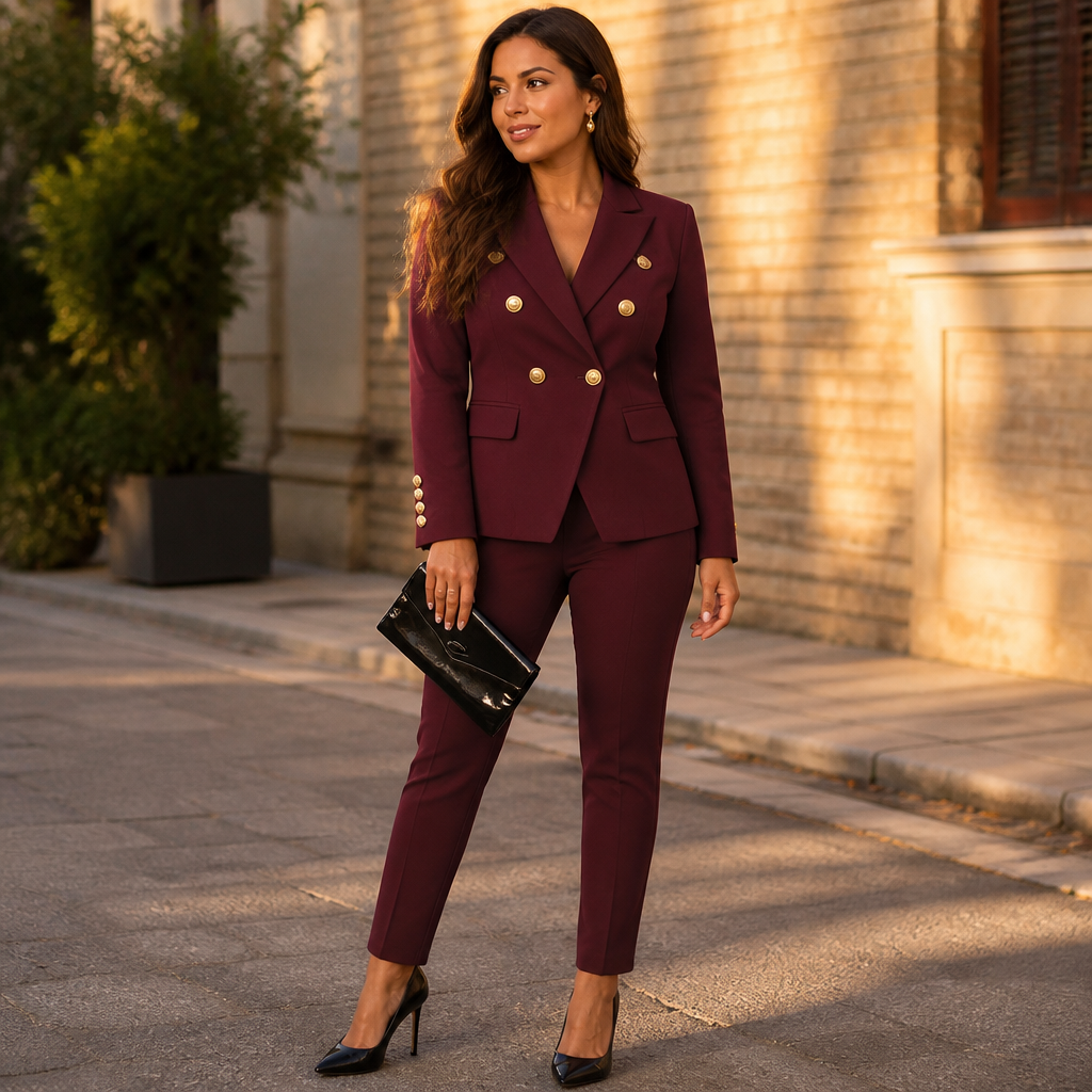 VeroLuxe™ – Tailored Double-Breasted Blazer Set with Gold Buttons