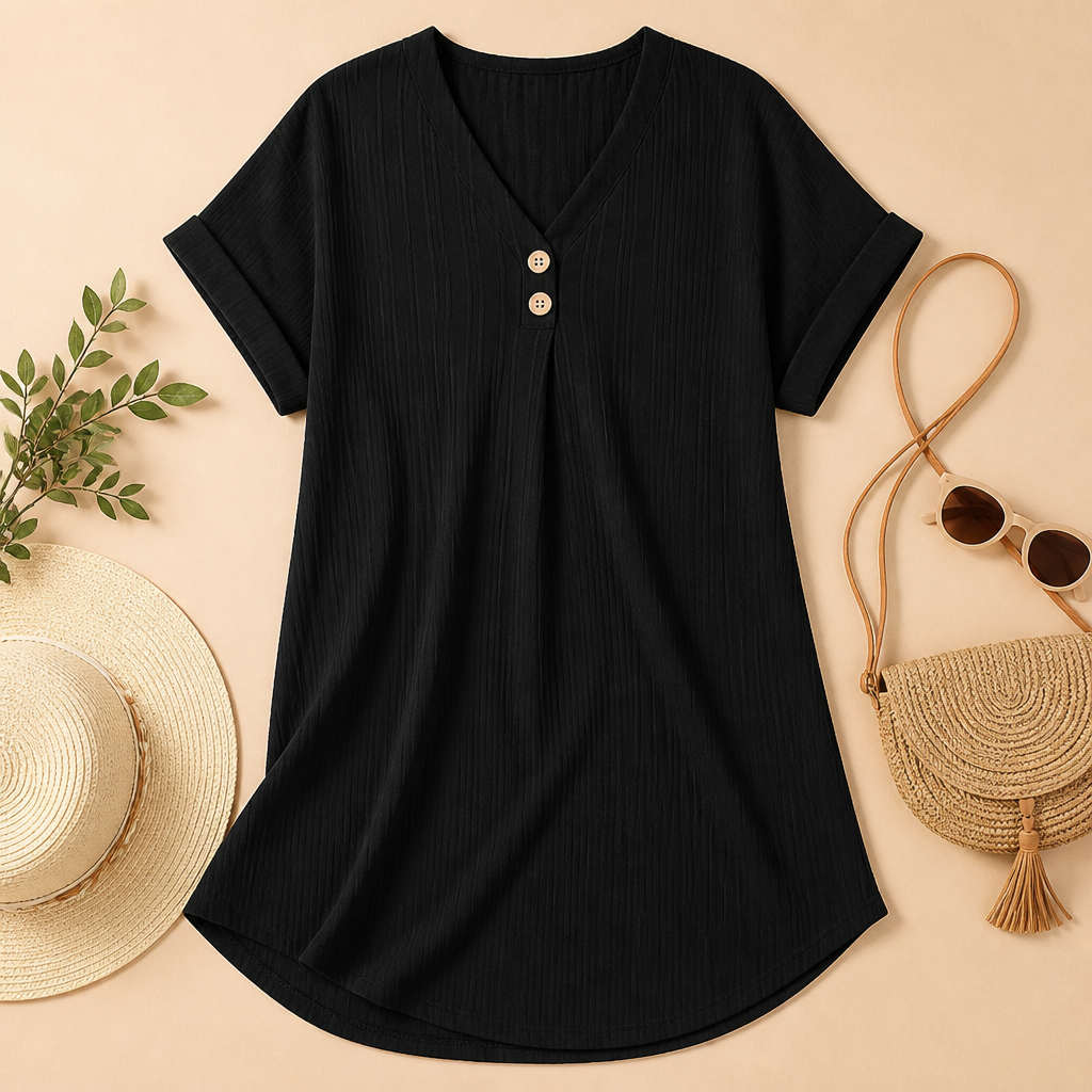 Veloria™ – Relaxed Ribbed V-Neck Shift Dress with Button Detail