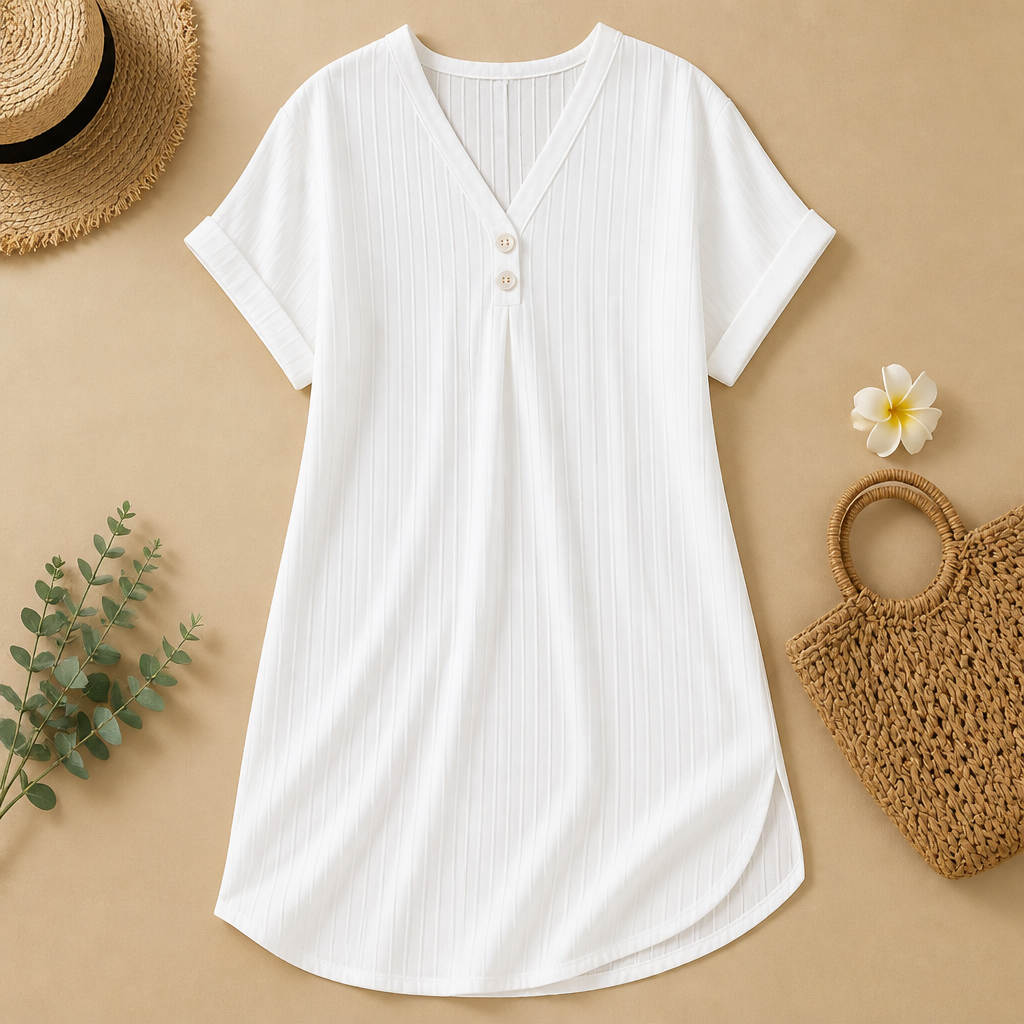 Veloria™ – Relaxed Ribbed V-Neck Shift Dress with Button Detail