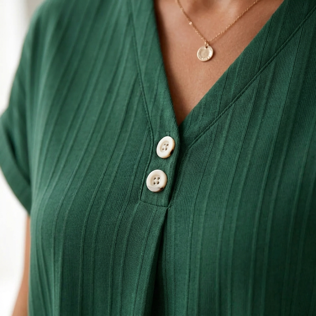 Veloria™ – Relaxed Ribbed V-Neck Shift Dress with Button Detail