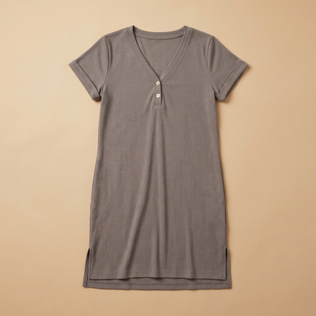 Veloria™ – Relaxed Ribbed V-Neck Shift Dress with Button Detail