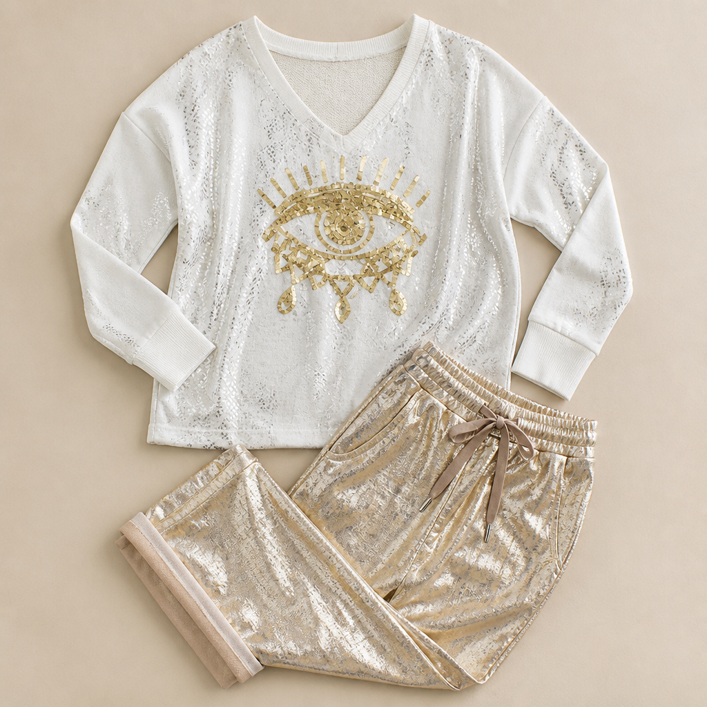LumaDaze™ – Metallic Shimmer Pant Set with Sequin Evil Eye Top