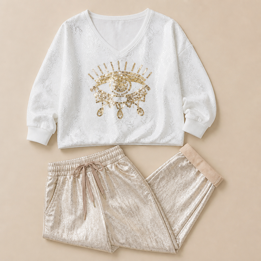 LumaDaze™ – Metallic Shimmer Pant Set with Sequin Evil Eye Top