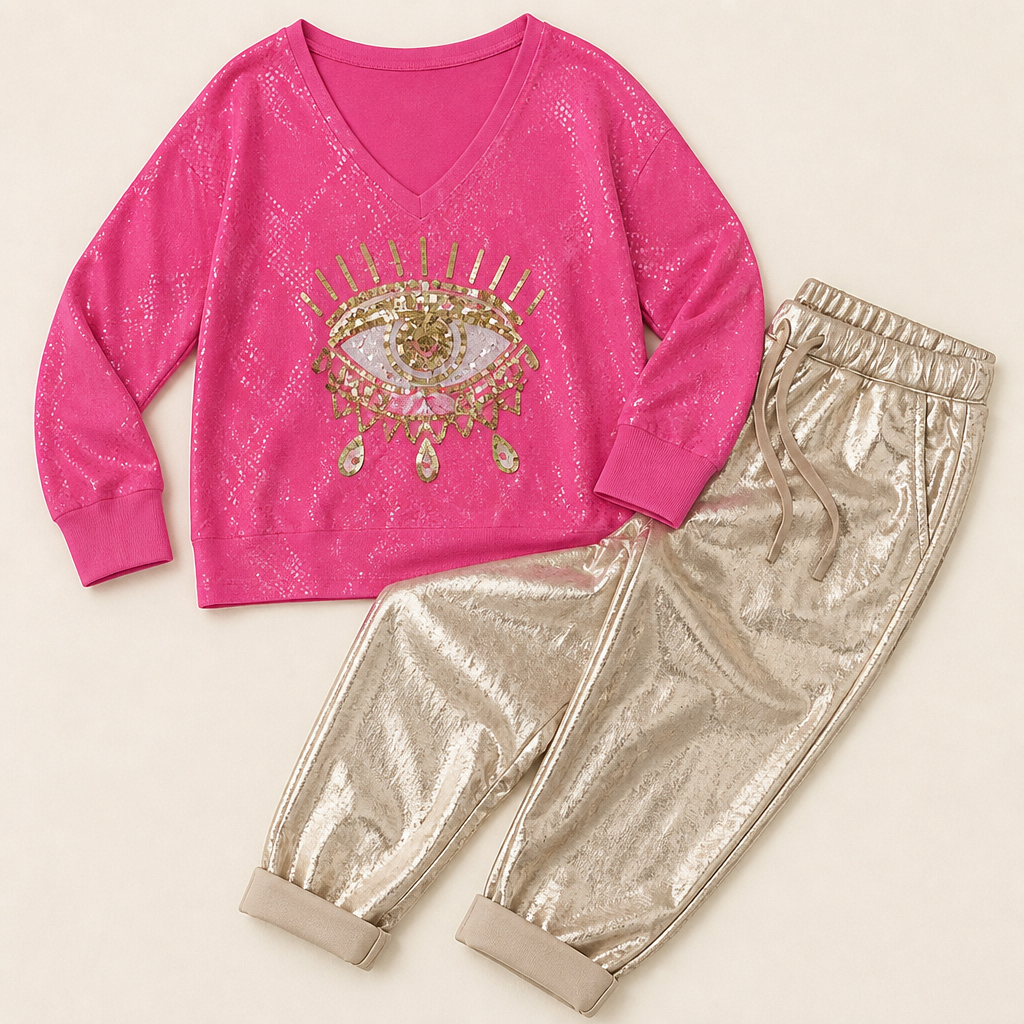 LumaDaze™ – Metallic Shimmer Pant Set with Sequin Evil Eye Top