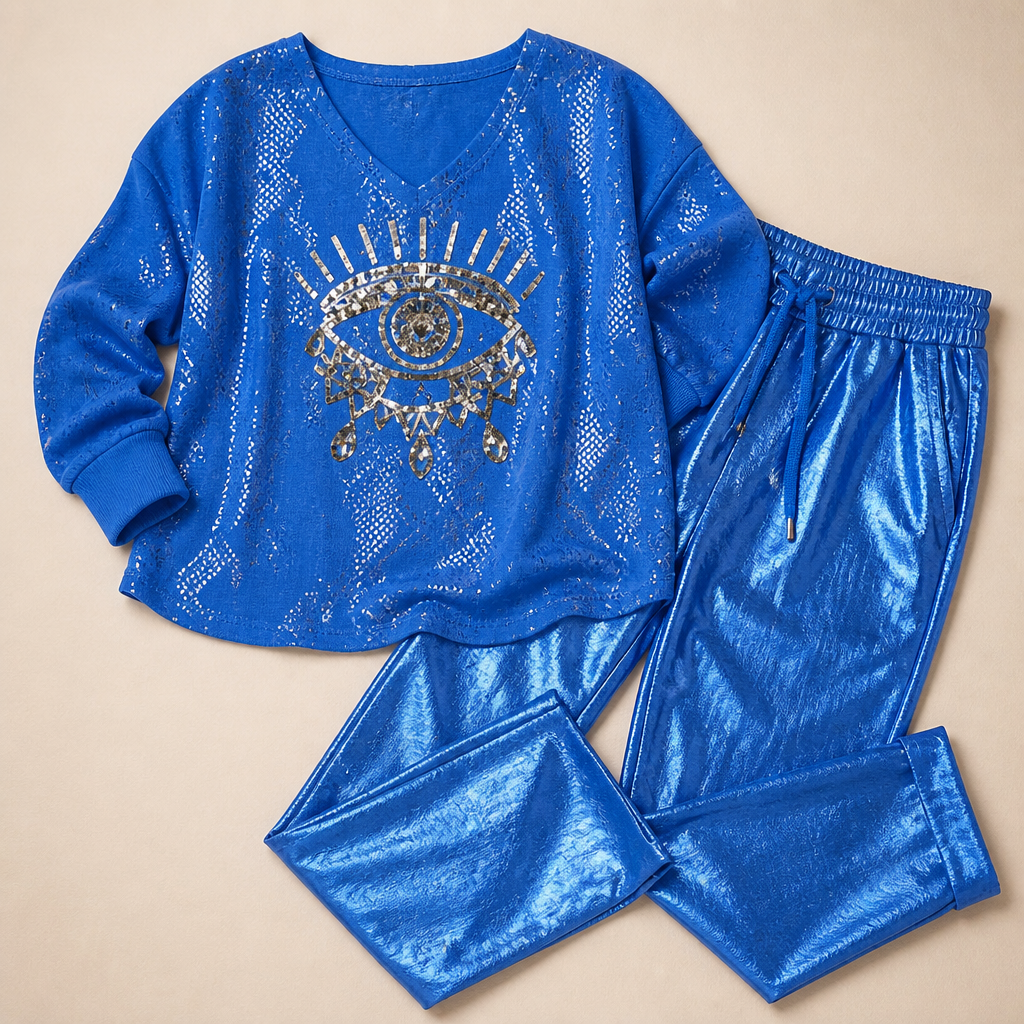 LumaDaze™ – Metallic Shimmer Pant Set with Sequin Evil Eye Top