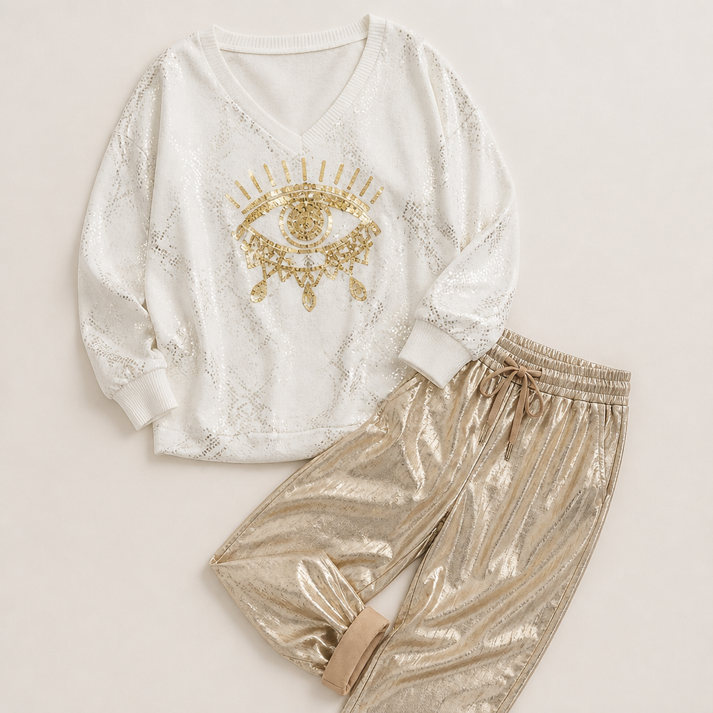 LumaDaze™ – Metallic Shimmer Pant Set with Sequin Evil Eye Top
