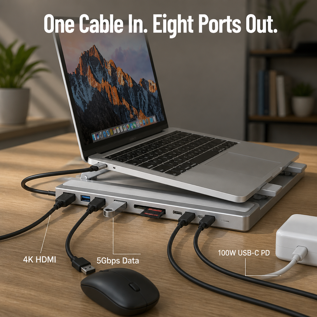 PowerPort Pro™ — Lift Your Laptop, Power 8 Devices, Fold Flat for Your Bag