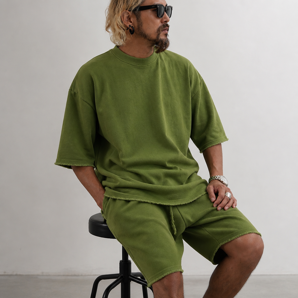 ArdentFlex™ – Relaxed Oversized Raw-Edge Tee & Shorts Set