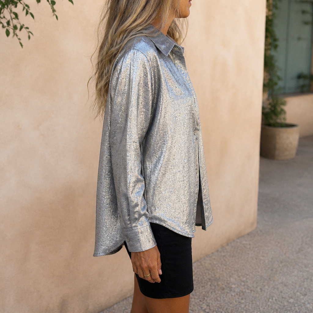 SilkenShade™ – Lustrous Metallic Button-Up Shirt with Lapel Collar